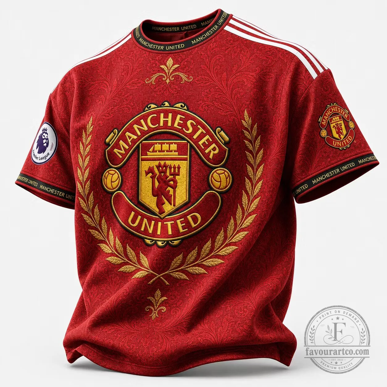 Manchester United Football Club Red Gold Crest Patterned Soccer Jersey 2 Manchester United Football Club Red Gold Crest Patterned Soccer Jersey