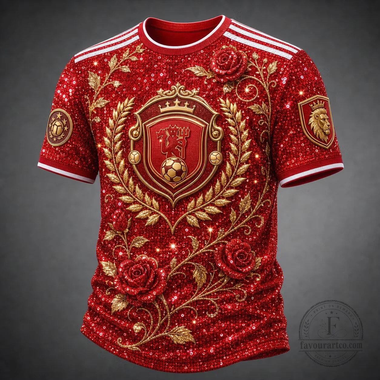 Manchester United Football Club Red Sequin Gold Floral Crest Fan Jersey