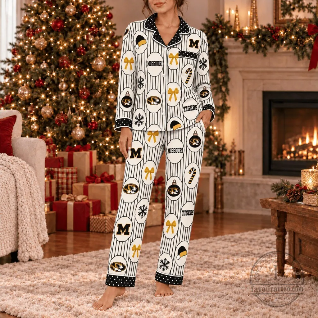 Missouri Tigers Christmas Holiday Striped Button-Up Pajamas Set Missouri Tigers Christmas Holiday Striped Button-Up Pajamas Set