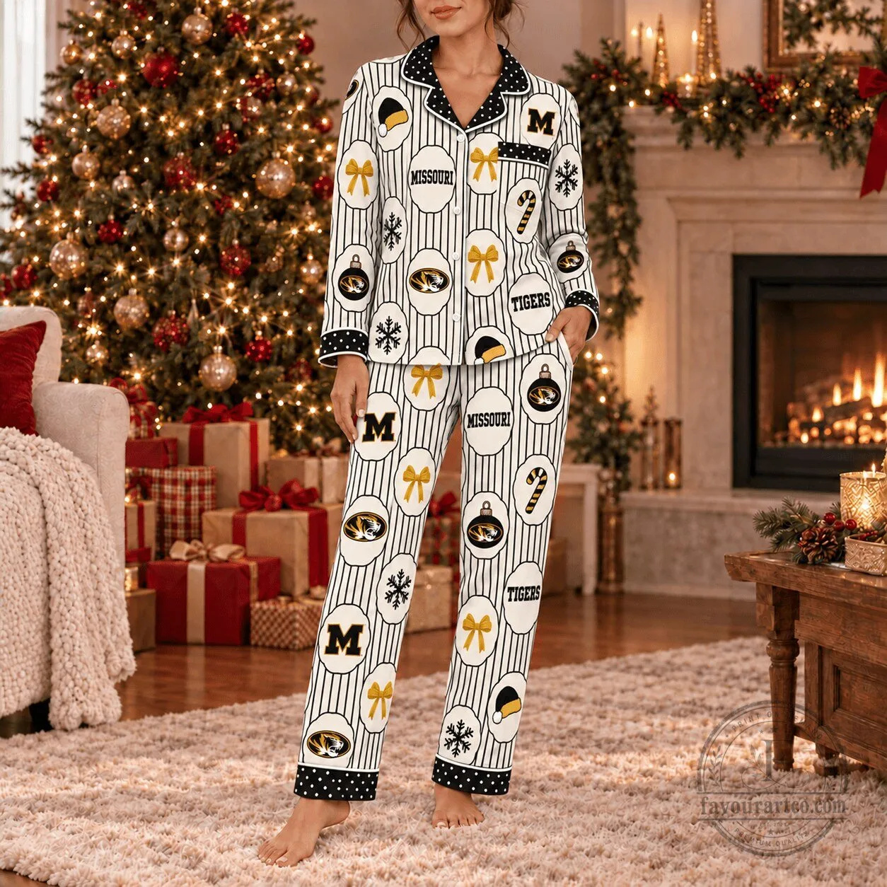 Missouri Tigers Christmas Holiday Striped Button-Up Pajamas Set