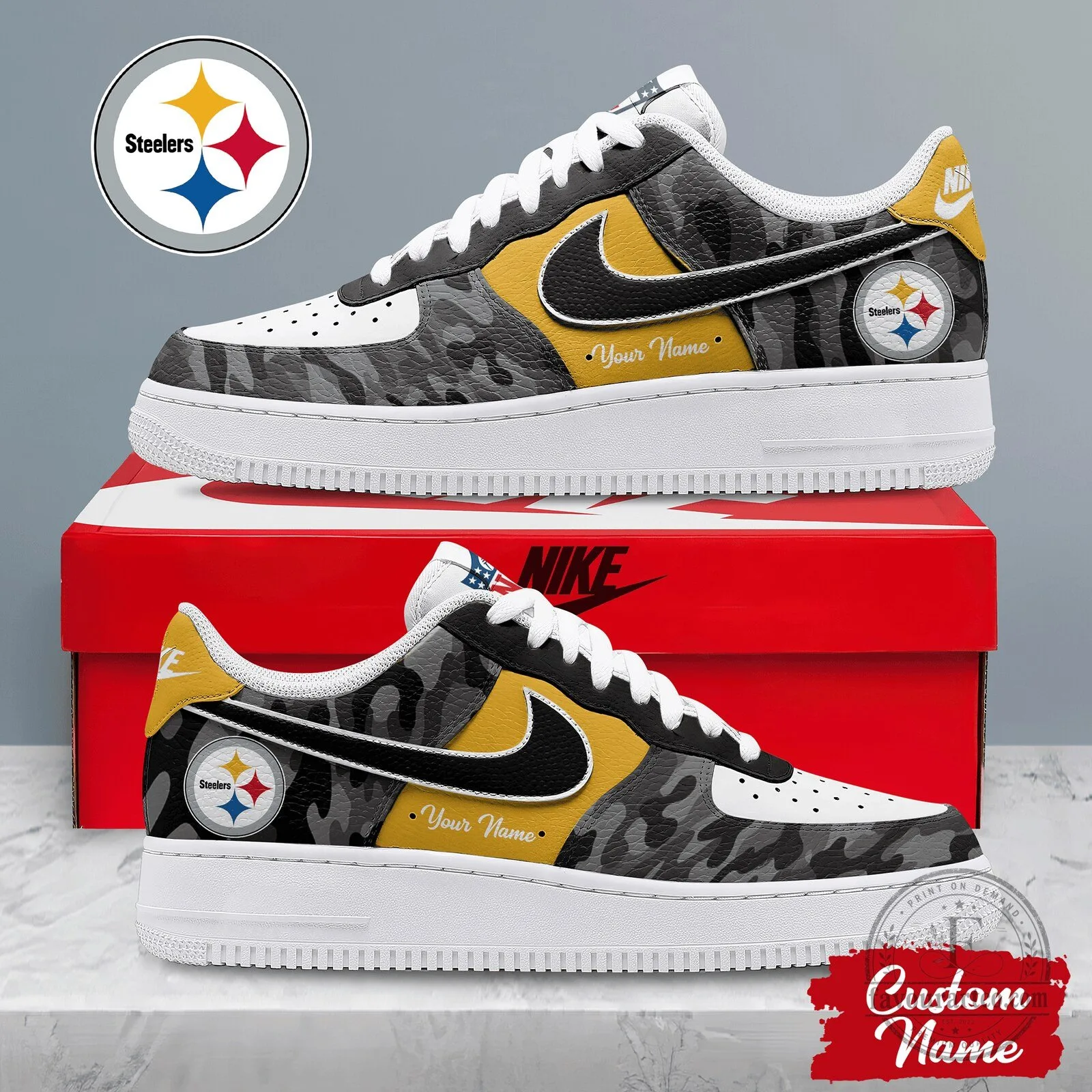Pittsburgh Steelers Custom Name Camouflage Pattern Fan Shoes