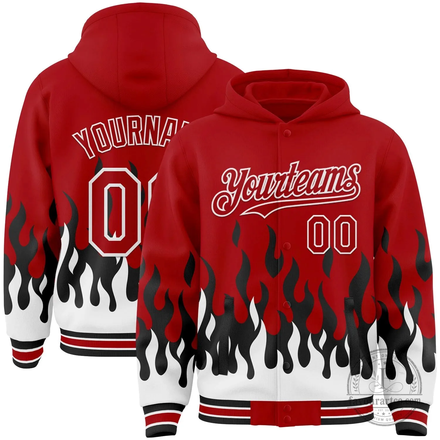Custom Red Black White Fire Flame Bomber Full Snap Varsity Letterman Hoodie Jacket