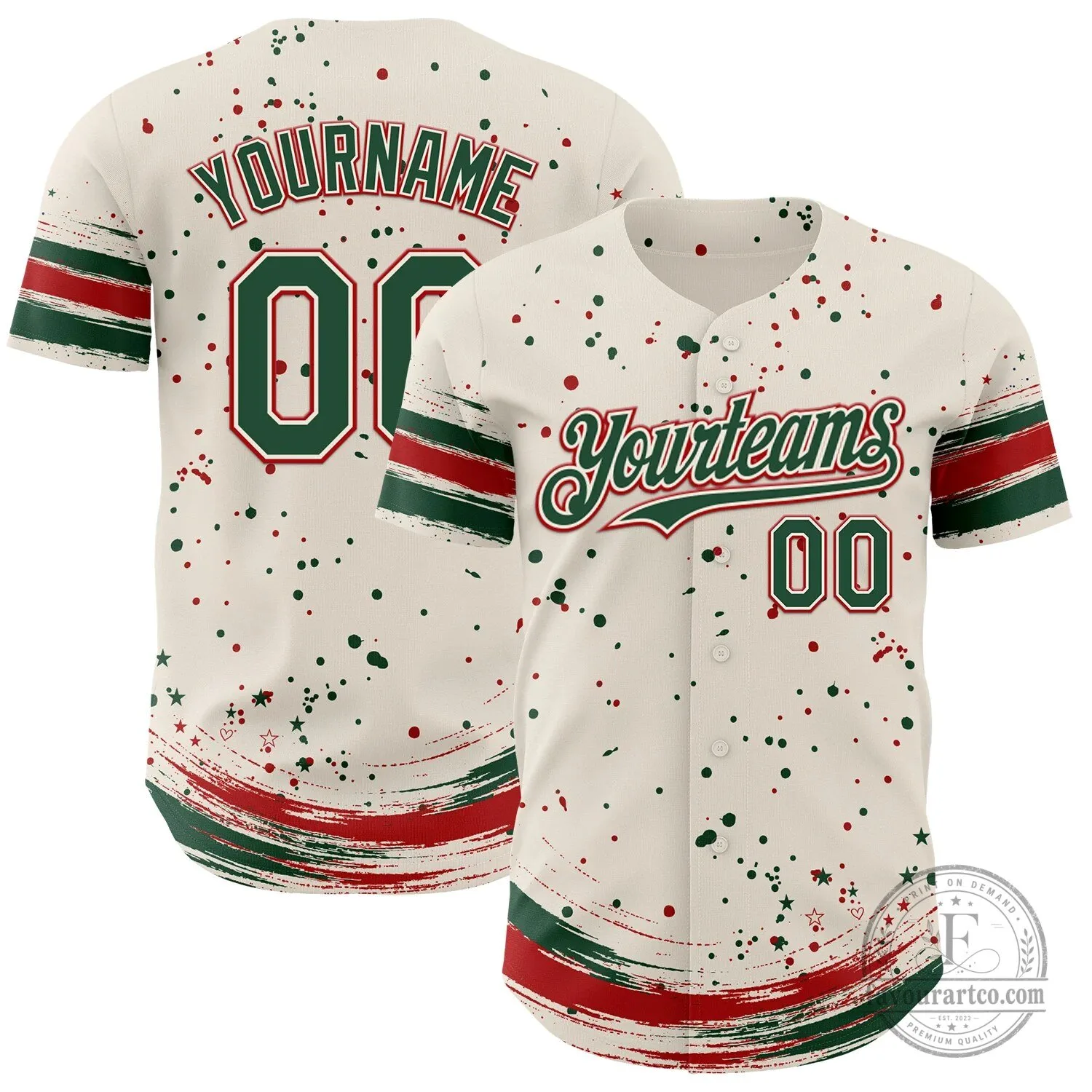 Custom Cream Green Red Stars Paint Splatter Brush Stroke Baseball Jersey