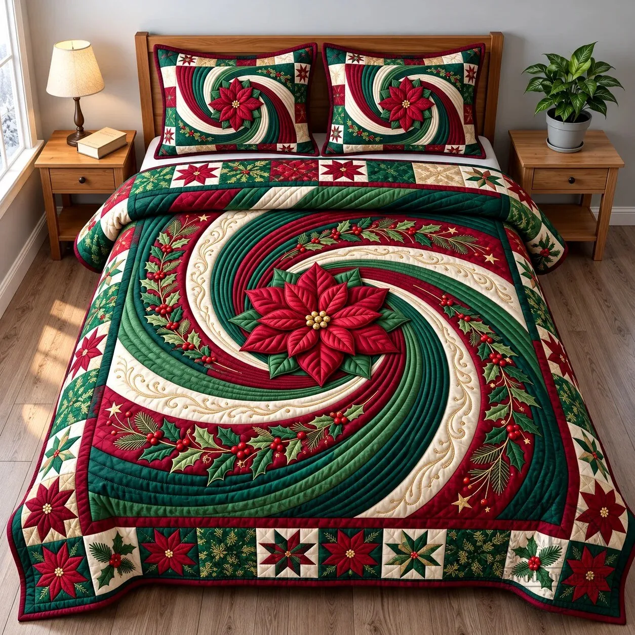 Christmas Poinsettia Whirlpool Quilted Bedding Set with Pillow Shams
