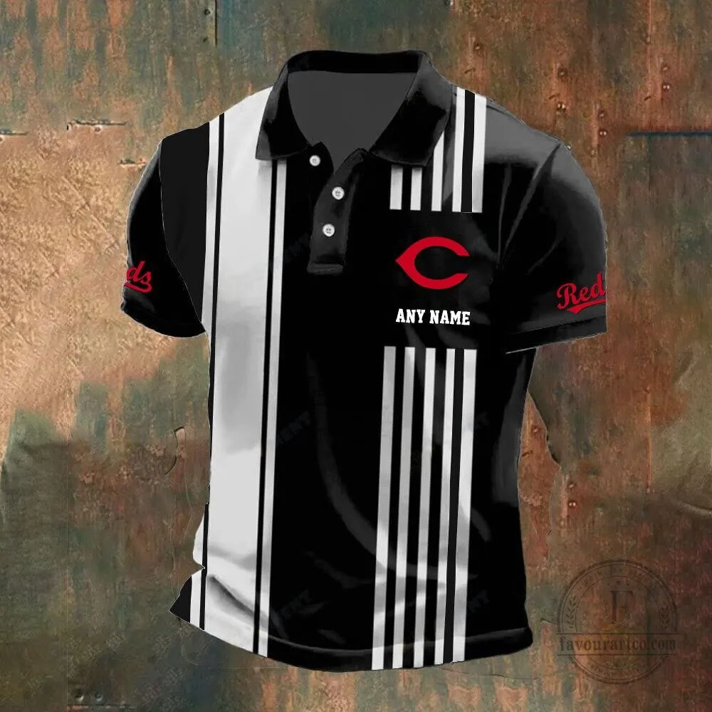 Cincinnati Reds Personalized Name Black and White Striped Polo Shirt