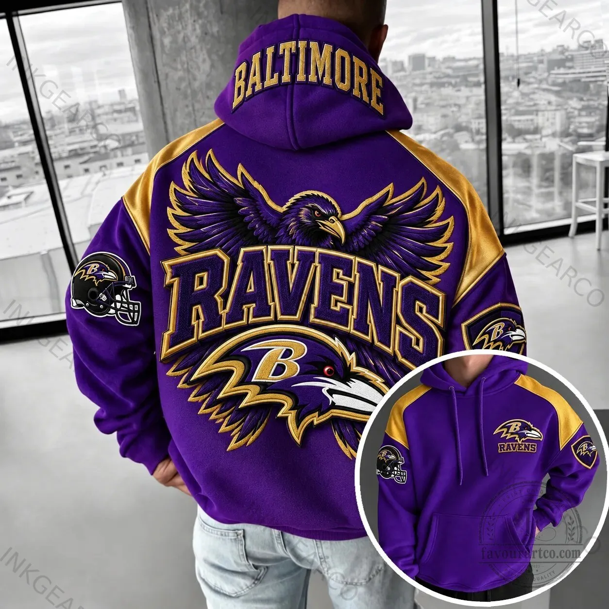 Baltimore Ravens NFL Football Team Logo Purple and Gold Hoodie for Men