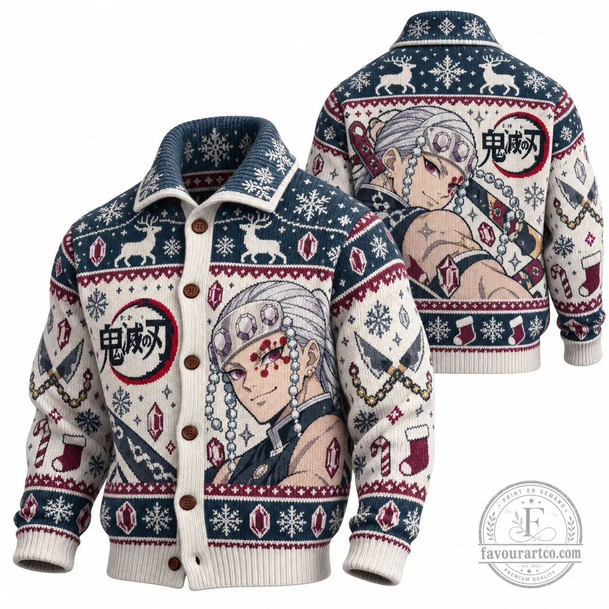 Anime Christmas Cardigan Sweater featuring Uzui Tengen from Demon Slayer