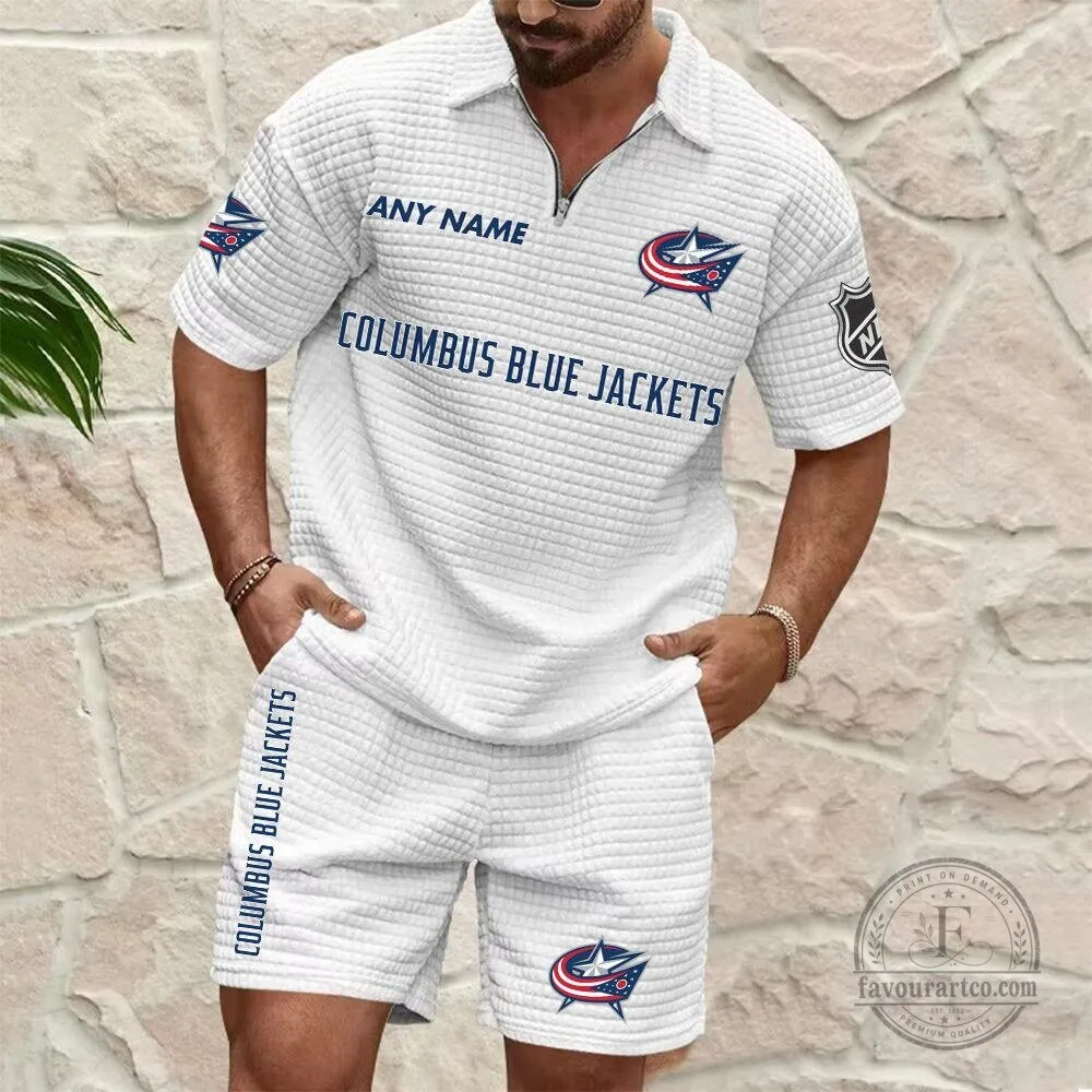 Columbus Blue Jackets Personalized Name Waffle Knit Polo Shirt and Shorts Set