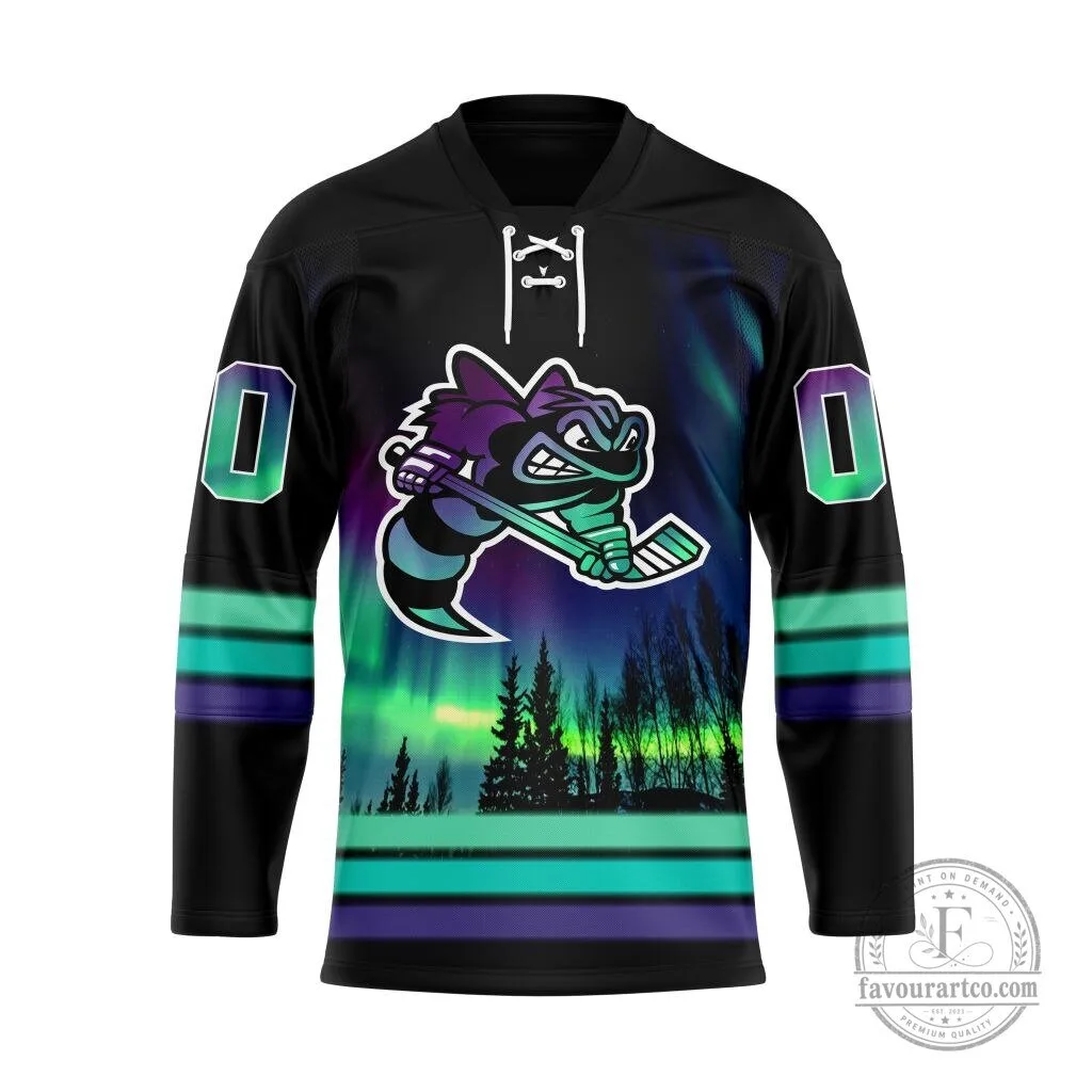 Sarnia Sting Northern Lights Hockey Jersey Black and Teal Special Design 2 Sarnia Sting Northern Lights Hockey Jersey Black and Teal Special Design