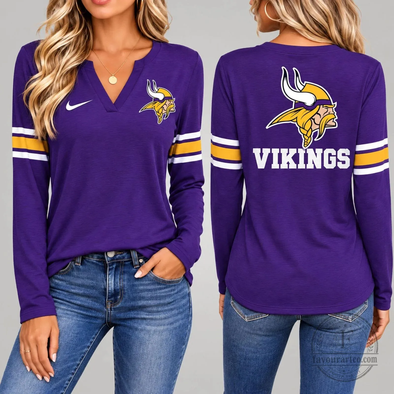 Purple Long Sleeve V-Neck T-Shirt for Women - Minnesota Vikings