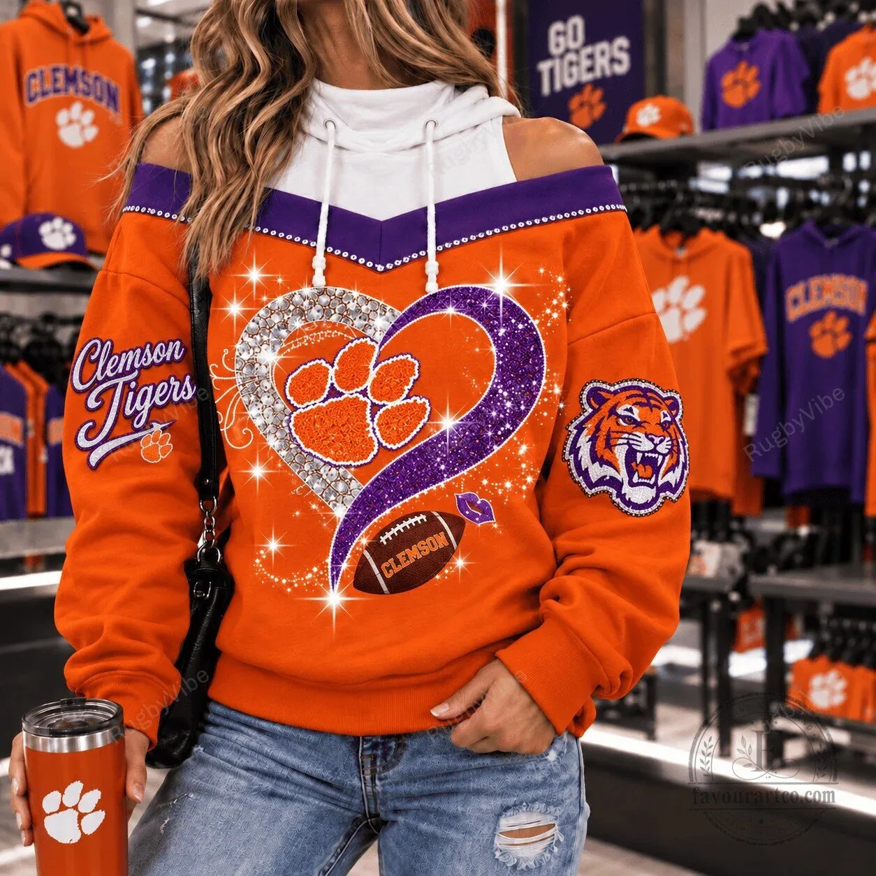 Clemson Tigers Football Diamond Heart Paw Print Orange Purple Women's Hoodie 2 Clemson Tigers Football Diamond Heart Paw Print Orange Purple Women's Hoodie