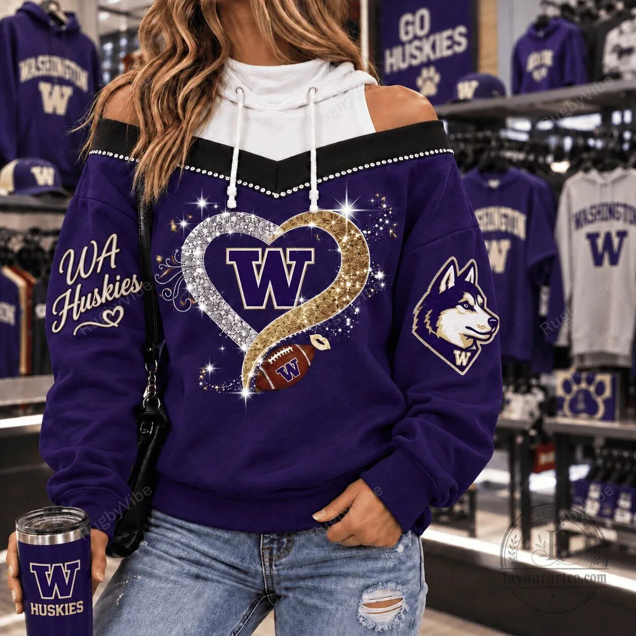 Washington Huskies Football Heart Glitter Design Women's Off Shoulder Sweatshirt