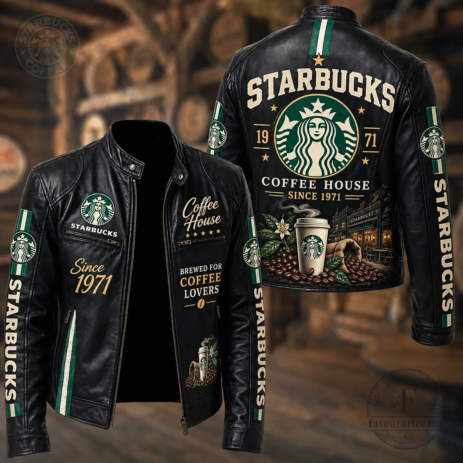 Starbucks Coffee House Since 1971 Black Leather Jacket