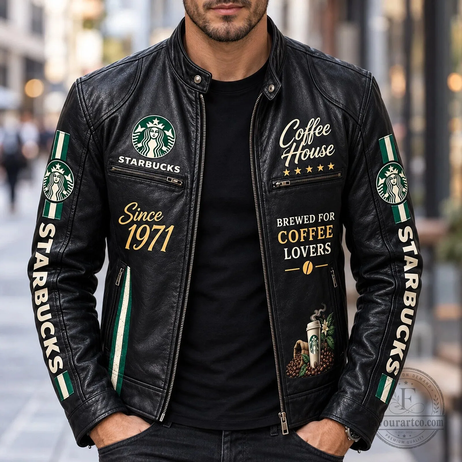 Starbucks Coffee House Since 1971 Black Leather Jacket 8 Starbucks Coffee House Since 1971 Black Leather Jacket