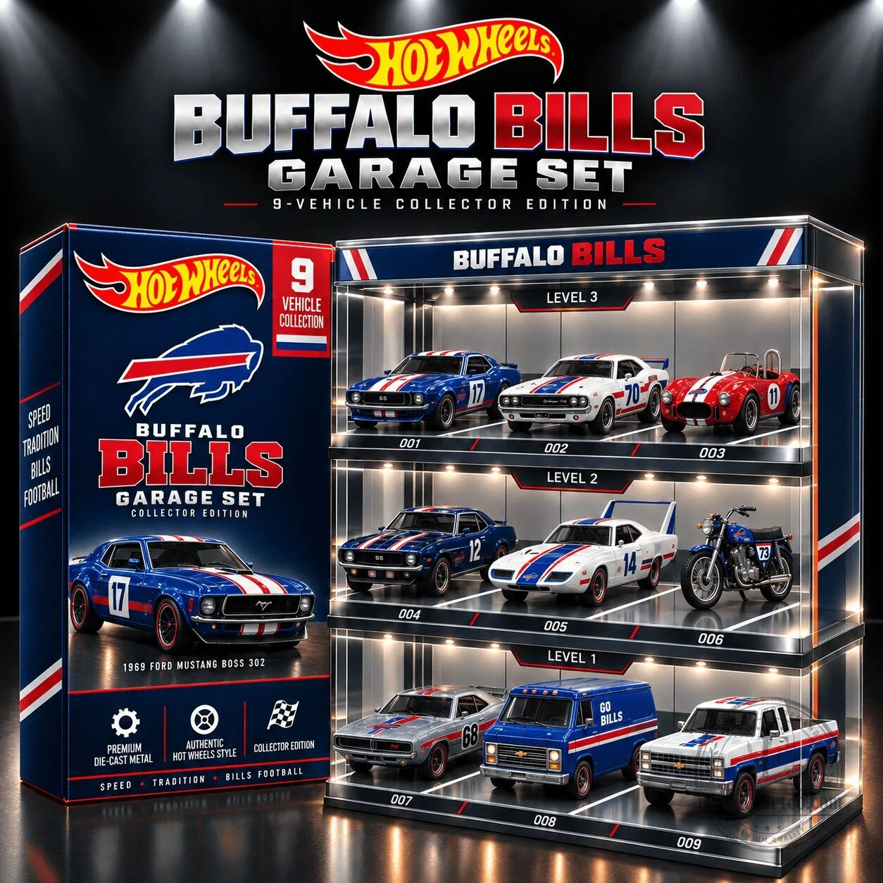 Hot Wheels Buffalo Bills NFL Football 9-Vehicle Diecast Garage Collector Set
