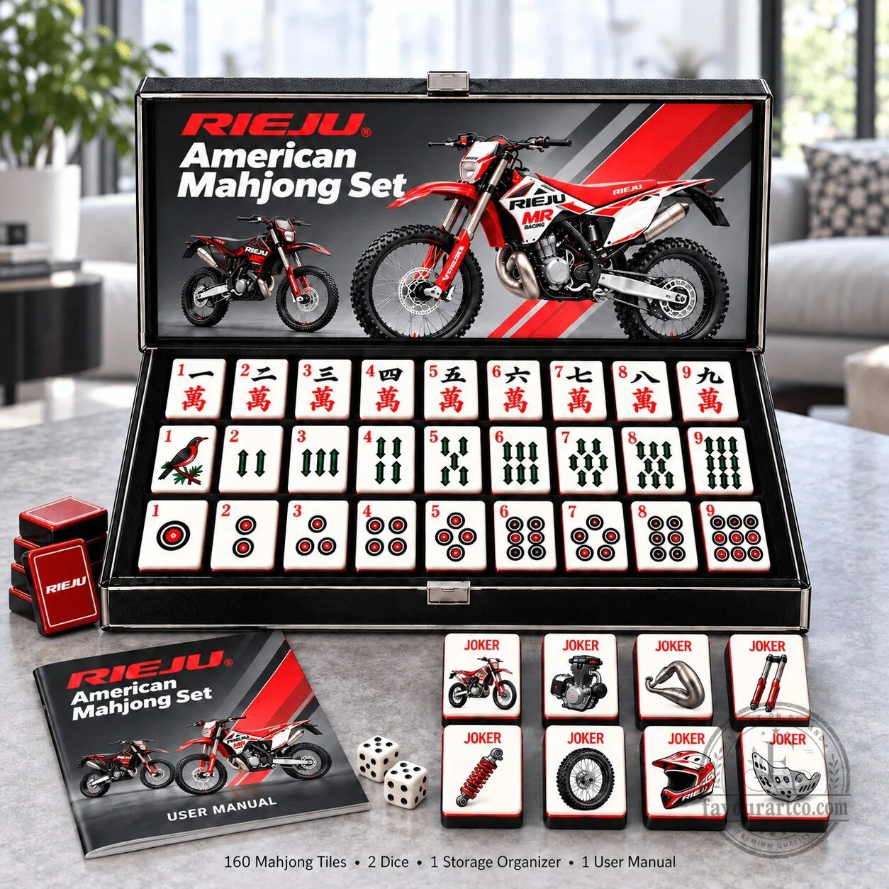 Rieju American Mahjong Set with Motorcycle Themed Tiles and Storage Case 3 Rieju American Mahjong Set with Motorcycle Themed Tiles and Storage Case