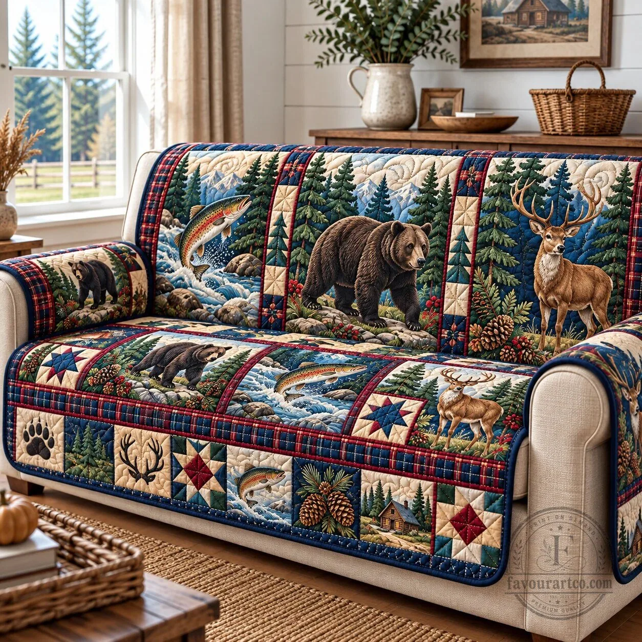 Rustic Forest Sanctuary Quilted Sofa Cover with Wildlife and Cabin Design