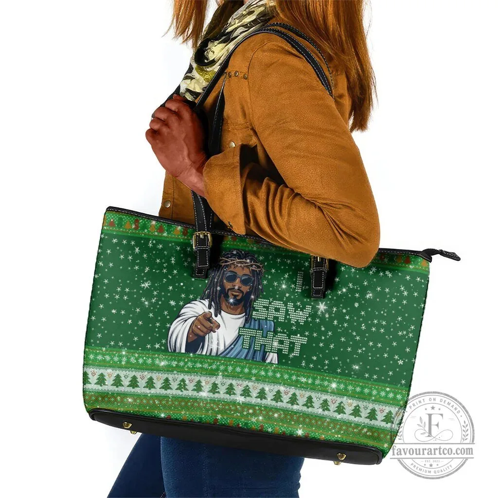 Black Jesus I Saw That Ugly Christmas Sweater Pattern Leather Tote Bag