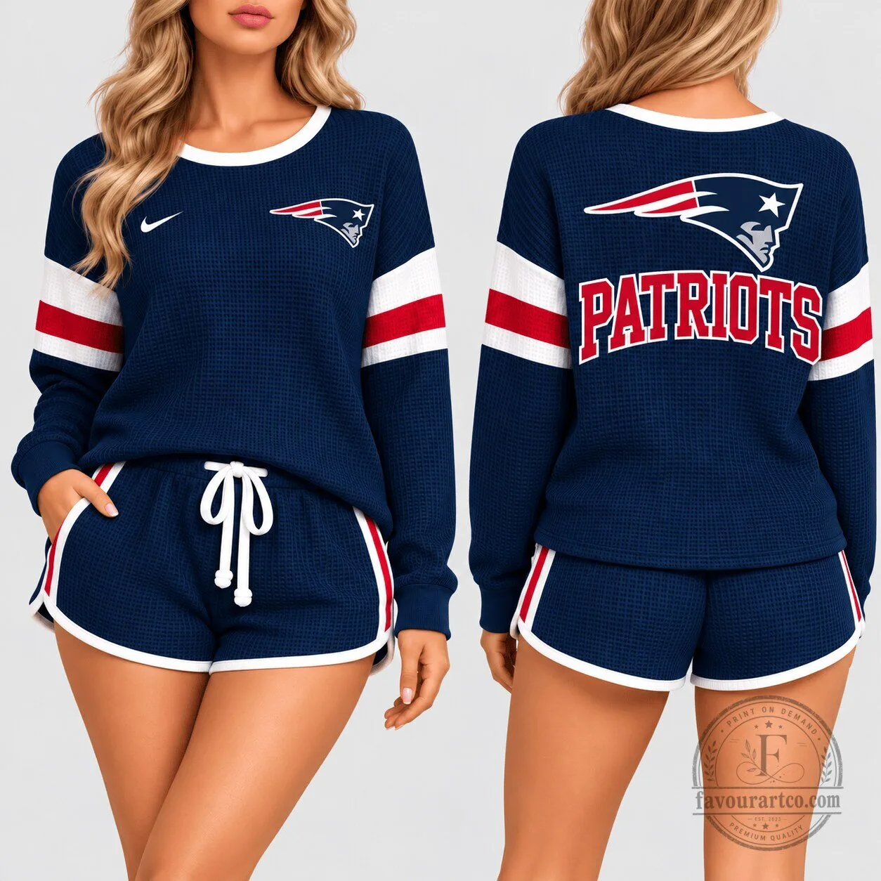 New England Patriots Women's Navy Blue Waffle Knit Lounge Set with Shorts 1 New England Patriots Women's Navy Blue Waffle Knit Lounge Set with Shorts