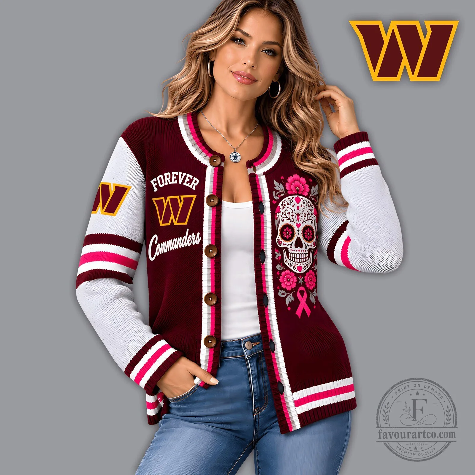 Washington Commanders Forever Floral Skull Breast Cancer Awareness Knit Cardigan