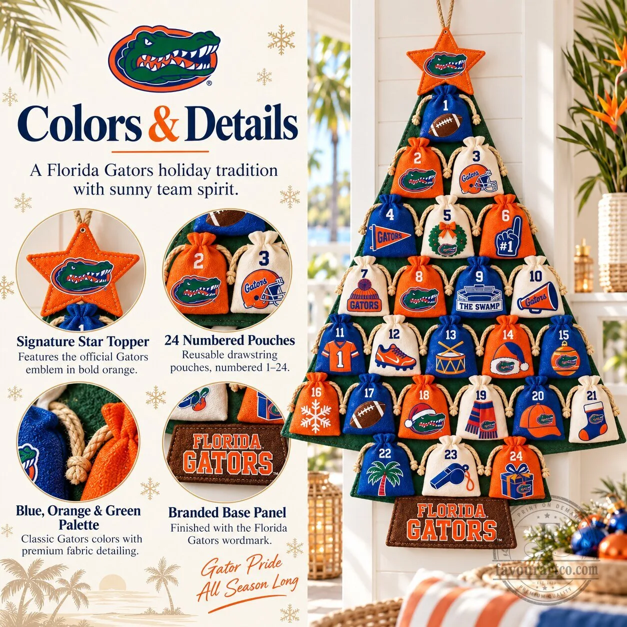 Florida Gators Christmas Tree Countdown Calendar with 24 Numbered Pouches