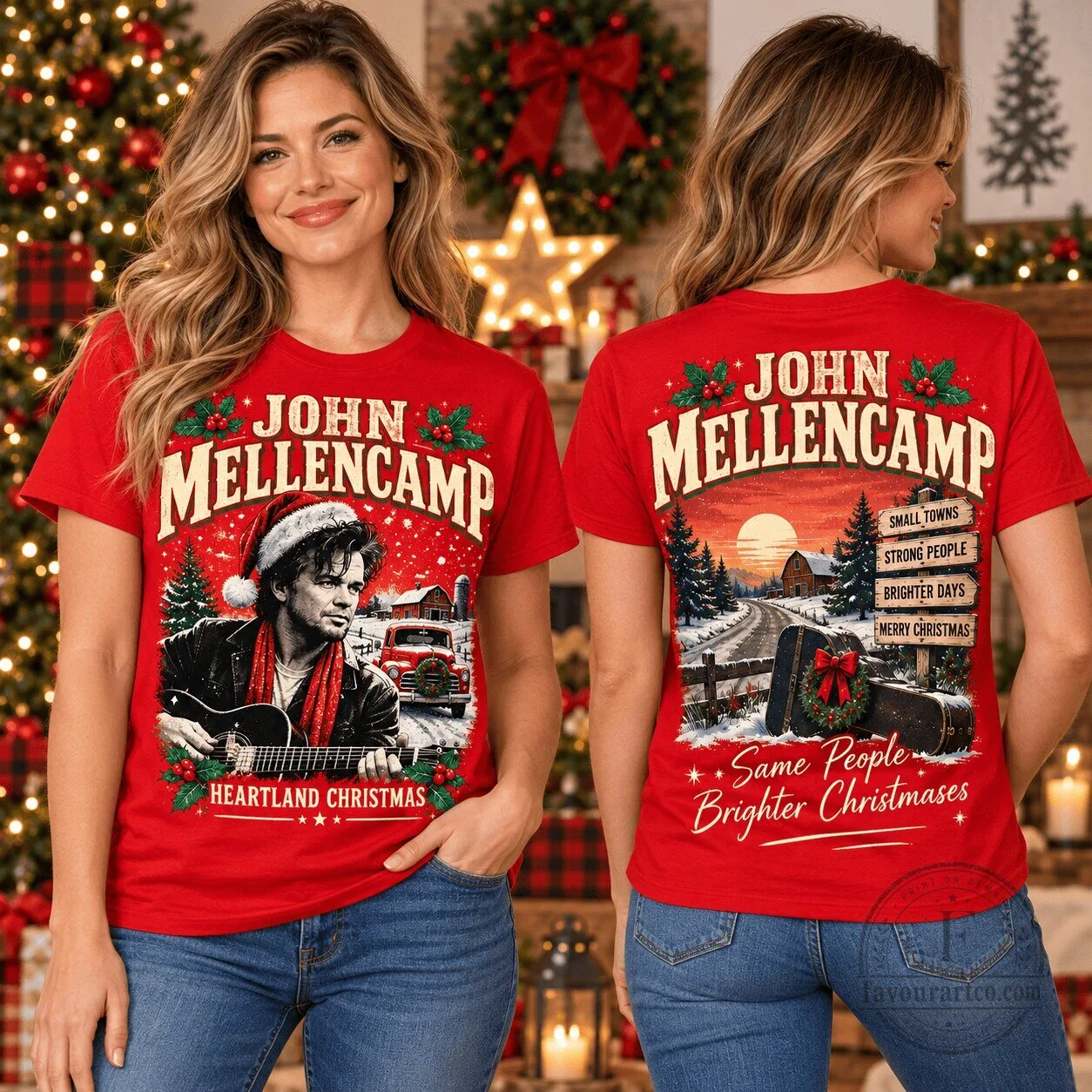 John Mellencamp Heartland Christmas Guitar Portrait Red Holiday T-Shirt