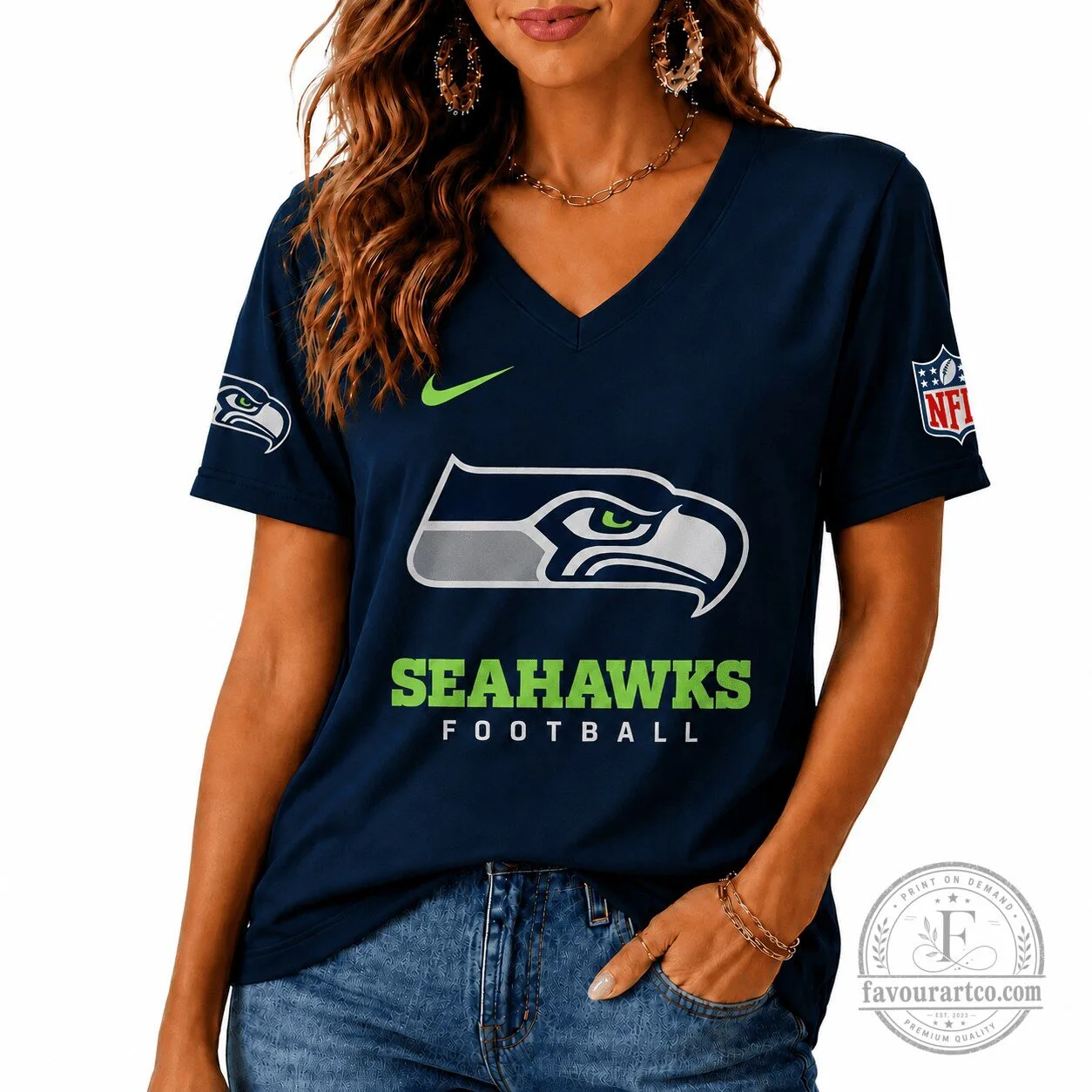 Seattle Seahawks Women's V-Neck Football Team Logo Graphic T-Shirt