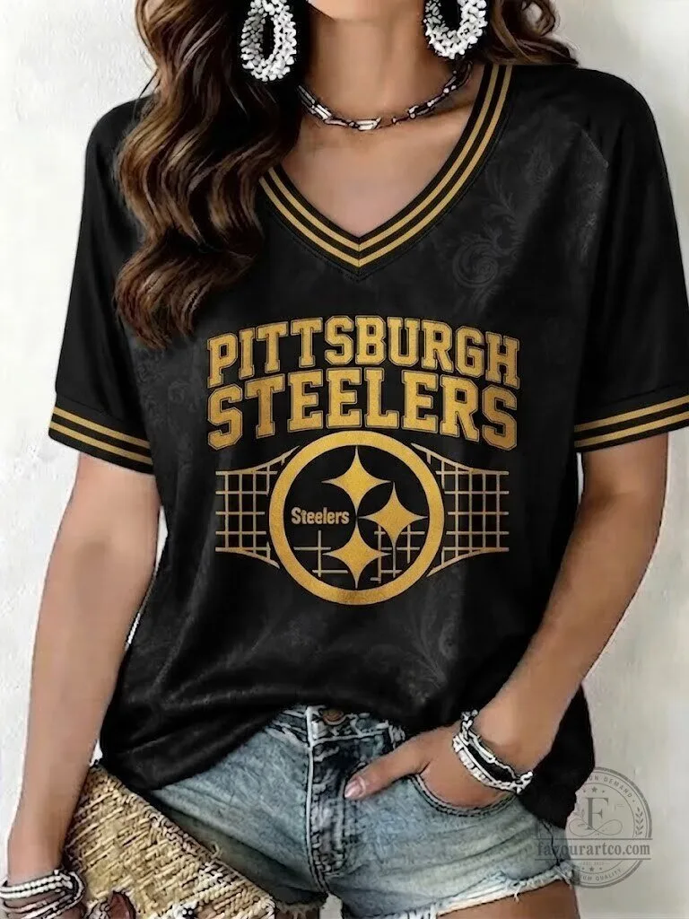 Black and Gold V-Neck Short Sleeve T-Shirt for Pittsburgh Steelers Fans