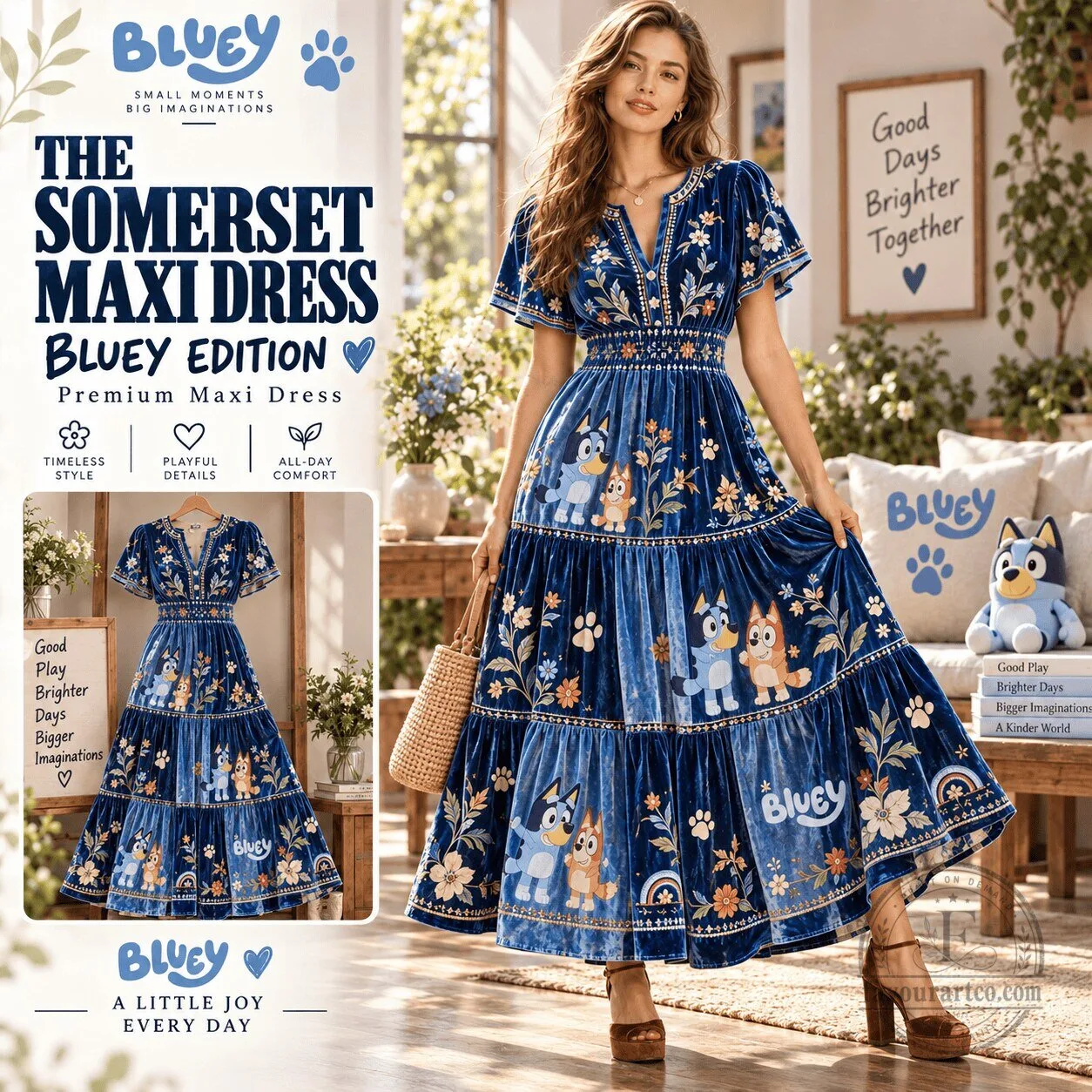Bluey And Bingo Cartoon Characters Velvet Maxi Dress For Women 1 Bluey And Bingo Cartoon Characters Velvet Maxi Dress For Women