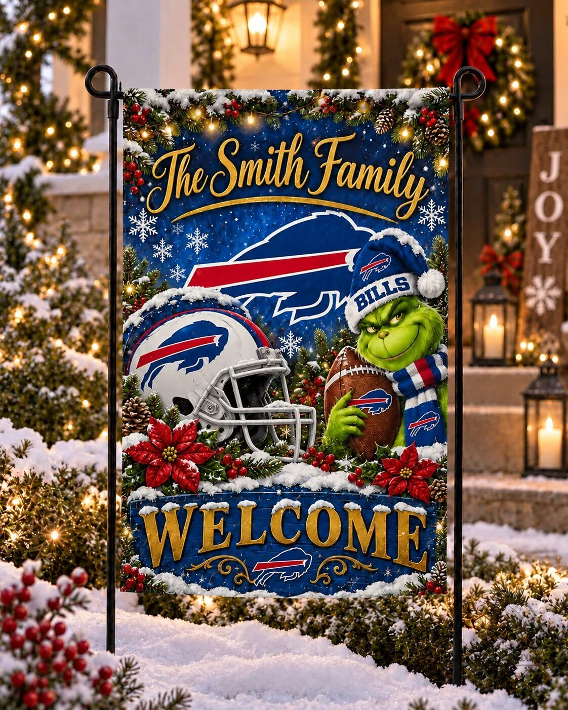 Buffalo Bills NFL Christmas Grinch Personalized Family Welcome Garden Flag