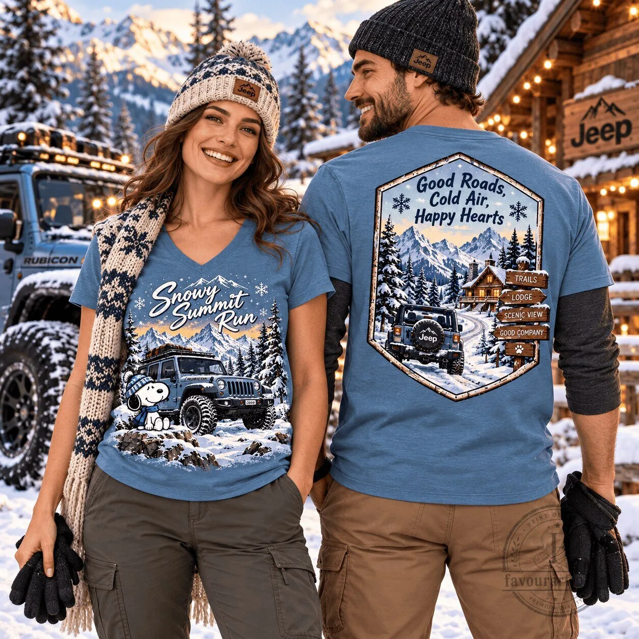 Snoopy Snowy Summit Run Jeep Winter Mountain Adventure V-Neck T-Shirt