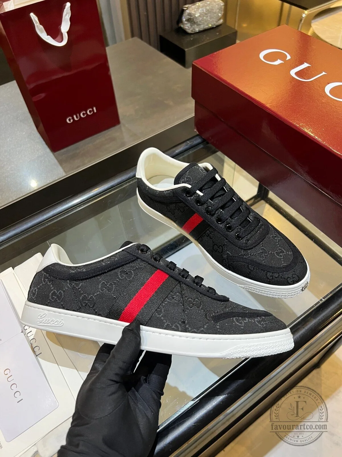 Gucci Black Monogram Canvas Red Stripe Low Top Sneakers 2 Gucci Black Monogram Canvas Red Stripe Low Top Sneakers