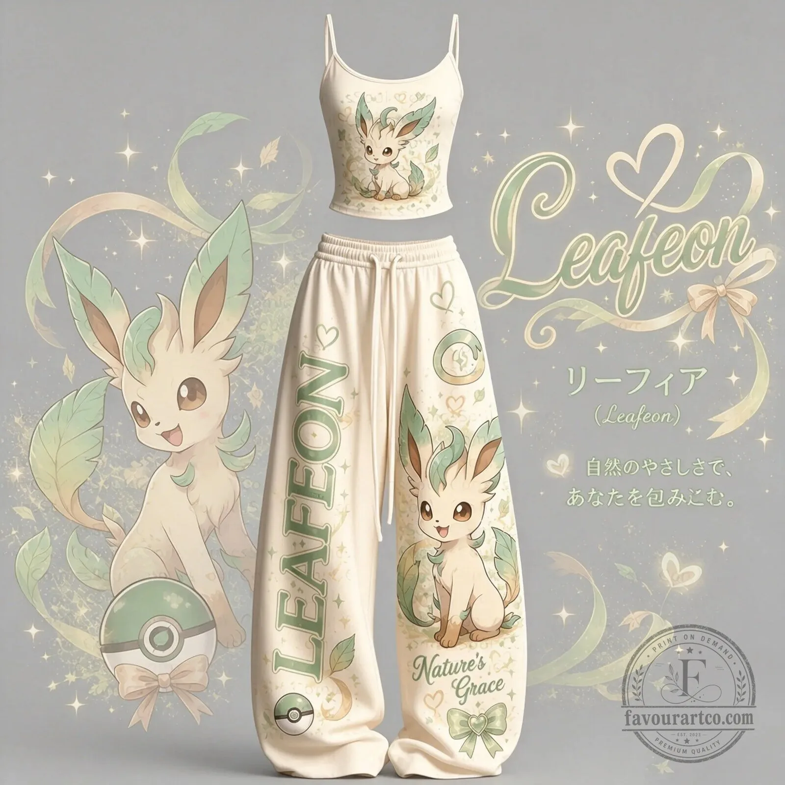 Leafeon Pokemon Nature's Grace Cream Crop Top and Wide Leg Pants Pajamas Set