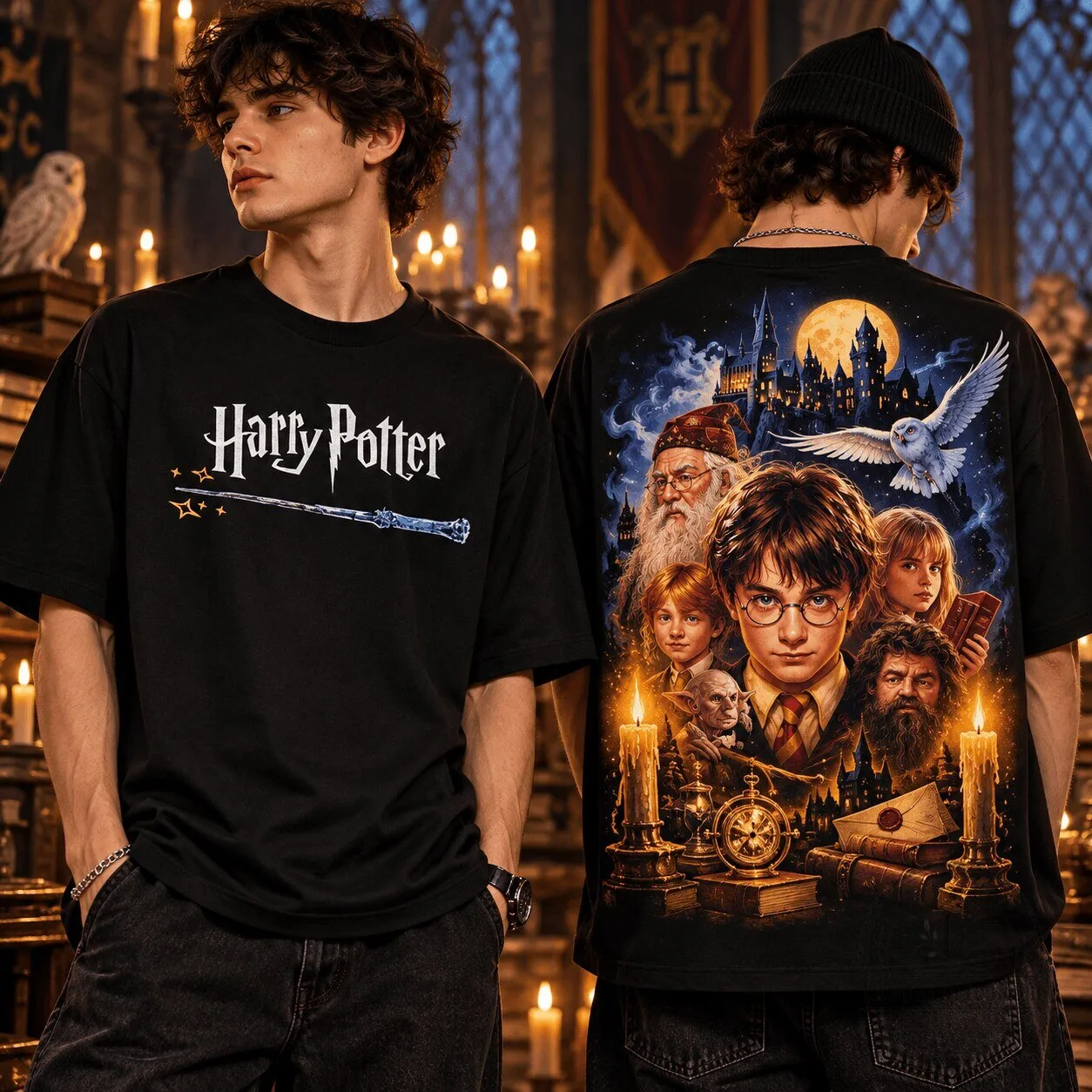 Harry Potter Hogwarts Wizarding World Magical Characters Black T-Shirt