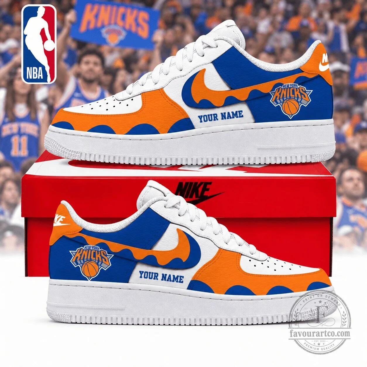 New York Knicks NBA Personalized Orange Blue White Low Top Shoes