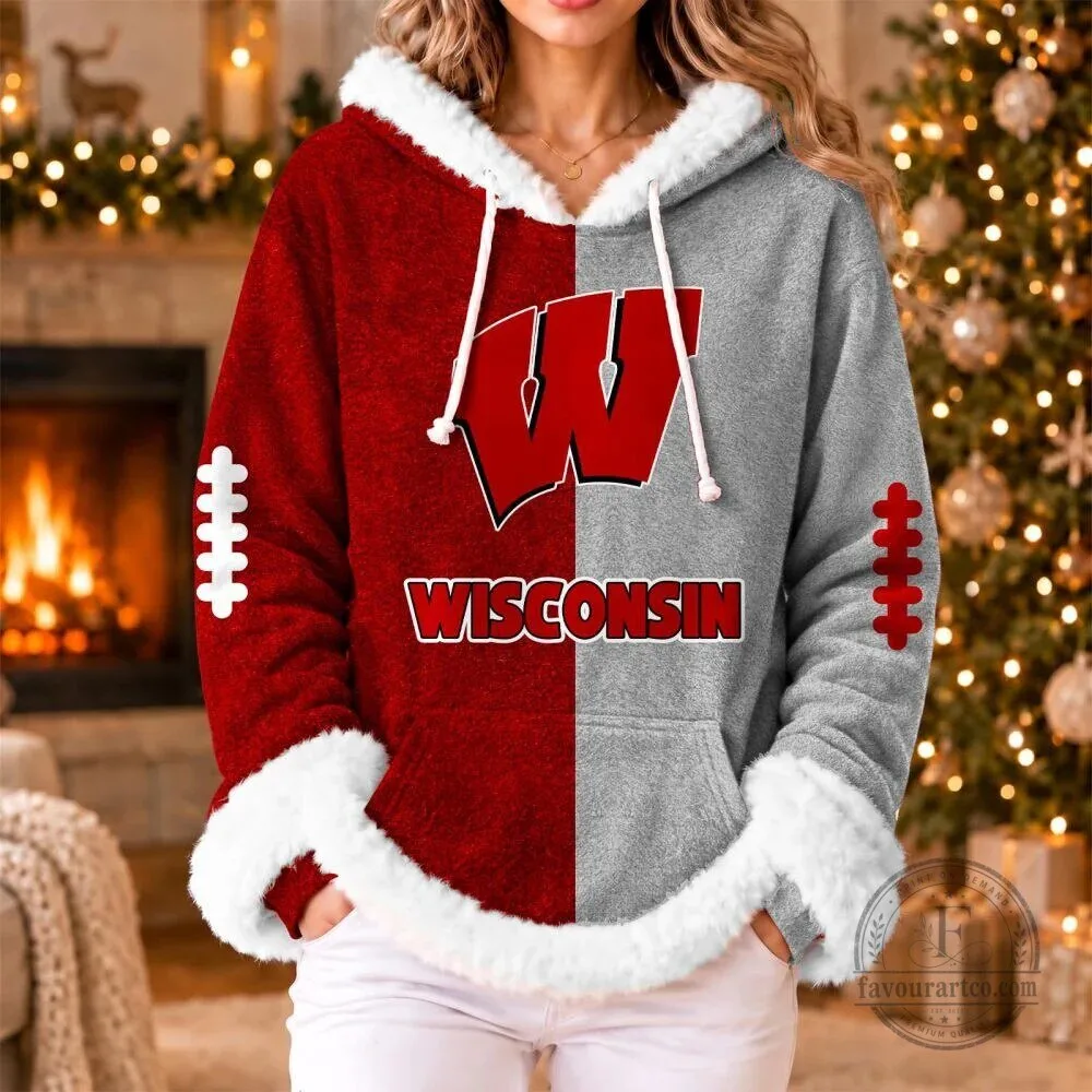 Wisconsin Badgers Football Team Red Gray Split Design Hoodie with Faux Fur Trim 3 Wisconsin Badgers Football Team Red Gray Split Design Hoodie with Faux Fur Trim