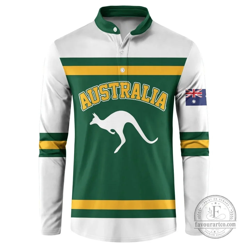 Australia Rugby Team Green and Gold Kangaroo Long-Sleeve Polo Shirt