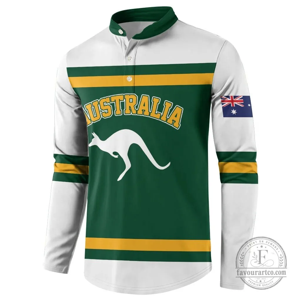 Australia Rugby Team Green and Gold Kangaroo Long-Sleeve Polo Shirt 10 Australia Rugby Team Green and Gold Kangaroo Long-Sleeve Polo Shirt