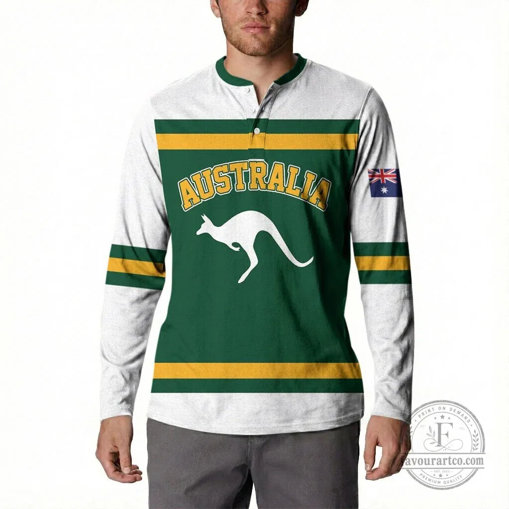 Australia Rugby Team Green and Gold Kangaroo Long-Sleeve Polo Shirt 12 Australia Rugby Team Green and Gold Kangaroo Long-Sleeve Polo Shirt