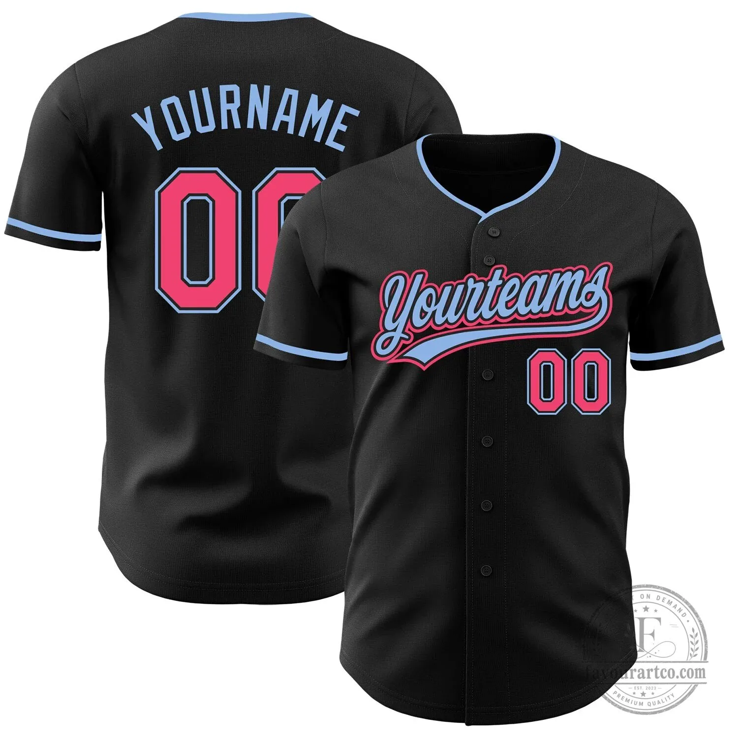 Custom Black Neon Pink Light Blue Baseball Jersey