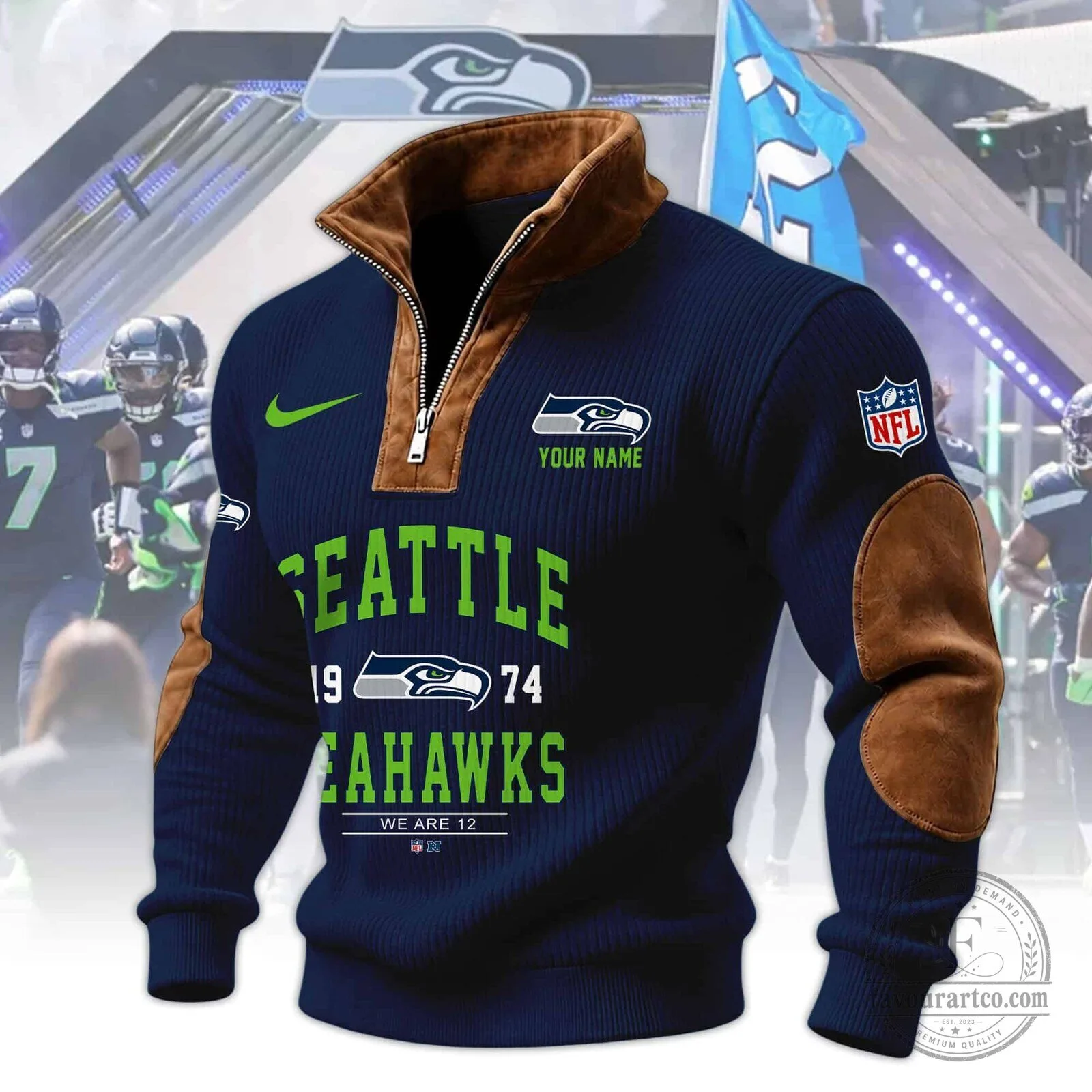Seattle Seahawks Quarter-Zip Pullover Sweatshirt with Custom Name and Logo