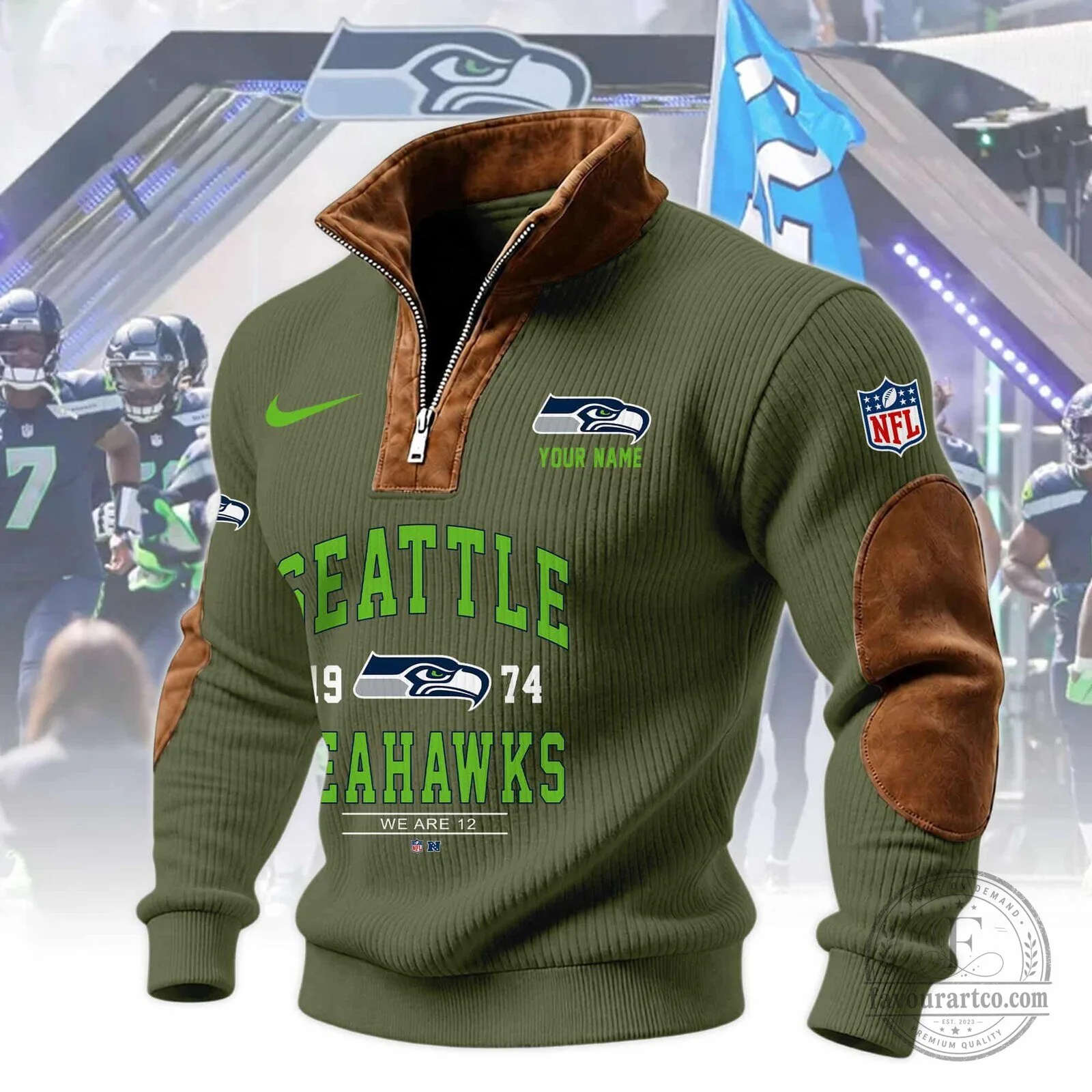 Seattle Seahawks Quarter-Zip Pullover Sweatshirt with Custom Name and Logo 10 Seattle Seahawks Quarter-Zip Pullover Sweatshirt with Custom Name and Logo