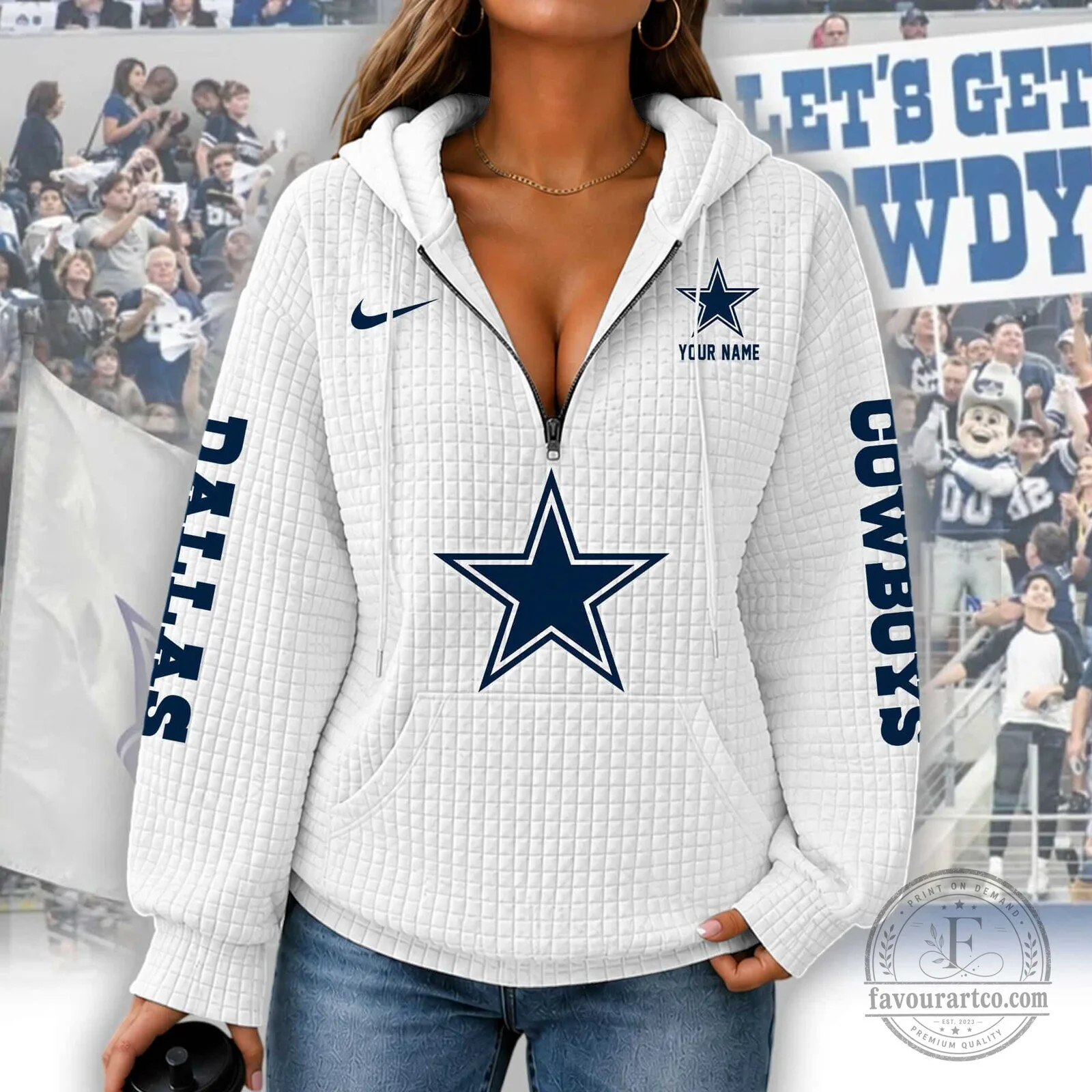 Dallas Cowboys Women's Waffle Knit Half-Zip Hoodie with Custom Name