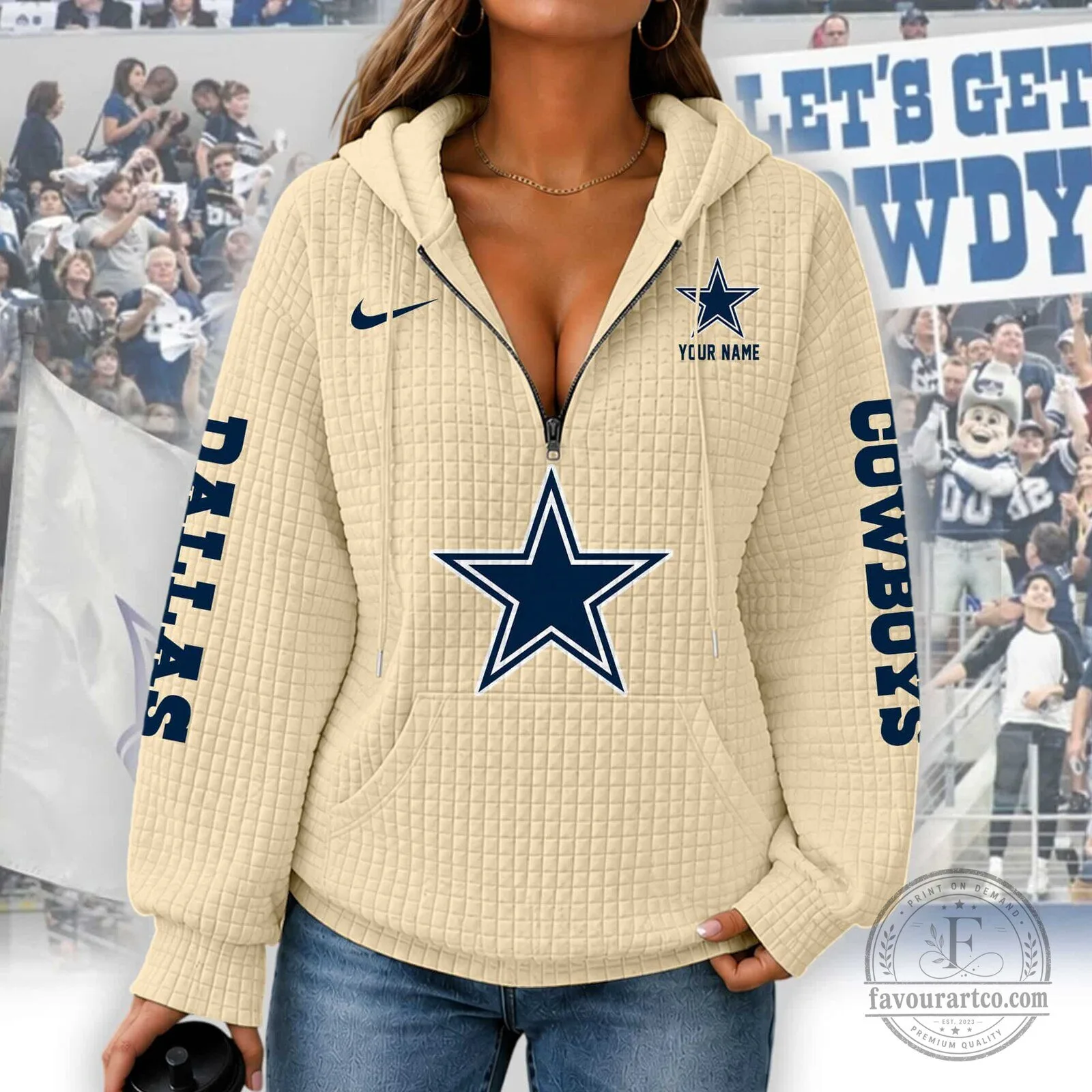 Dallas Cowboys Women's Waffle Knit Half-Zip Hoodie with Custom Name 11 Dallas Cowboys Women