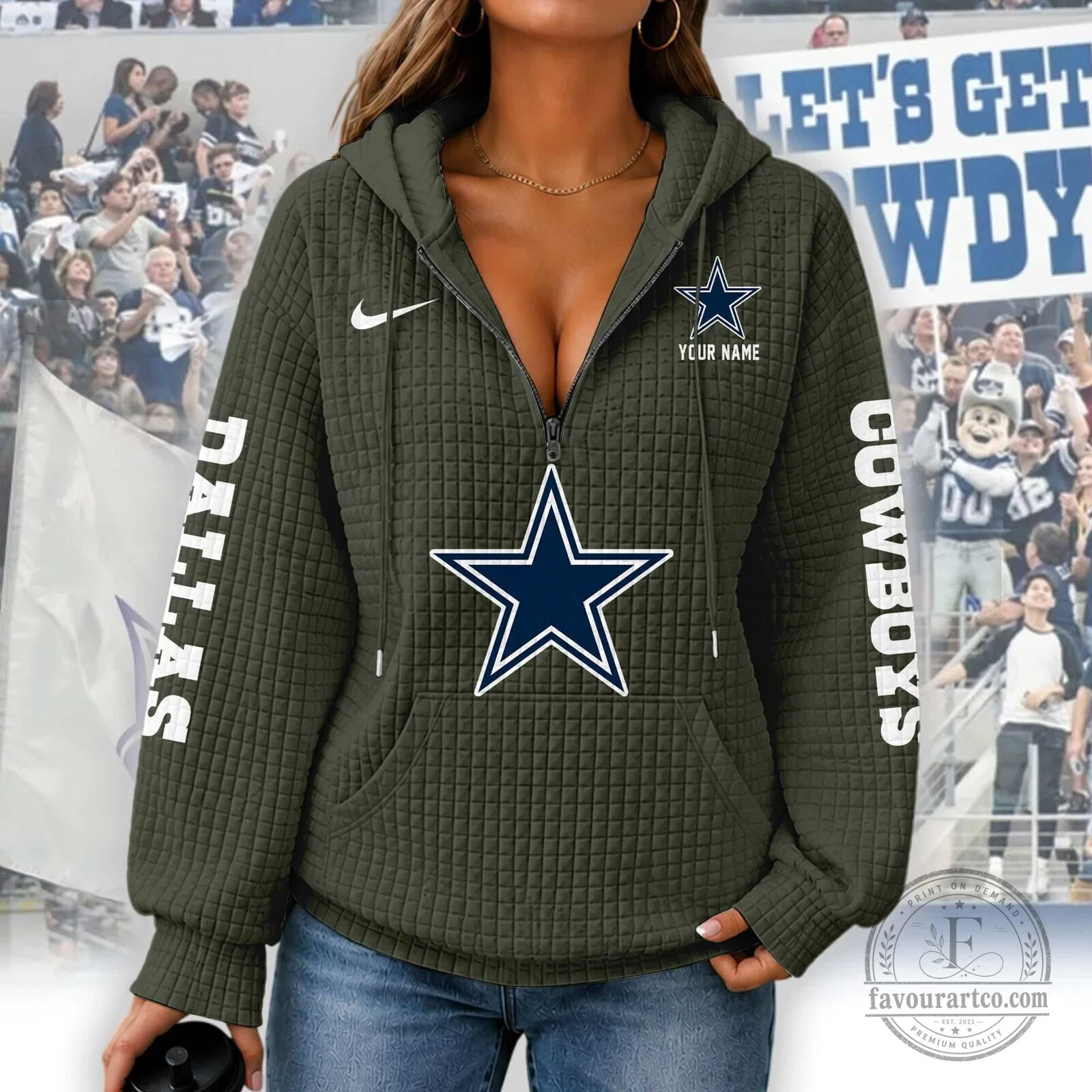 Dallas Cowboys Women's Waffle Knit Half-Zip Hoodie with Custom Name 12 Dallas Cowboys Women