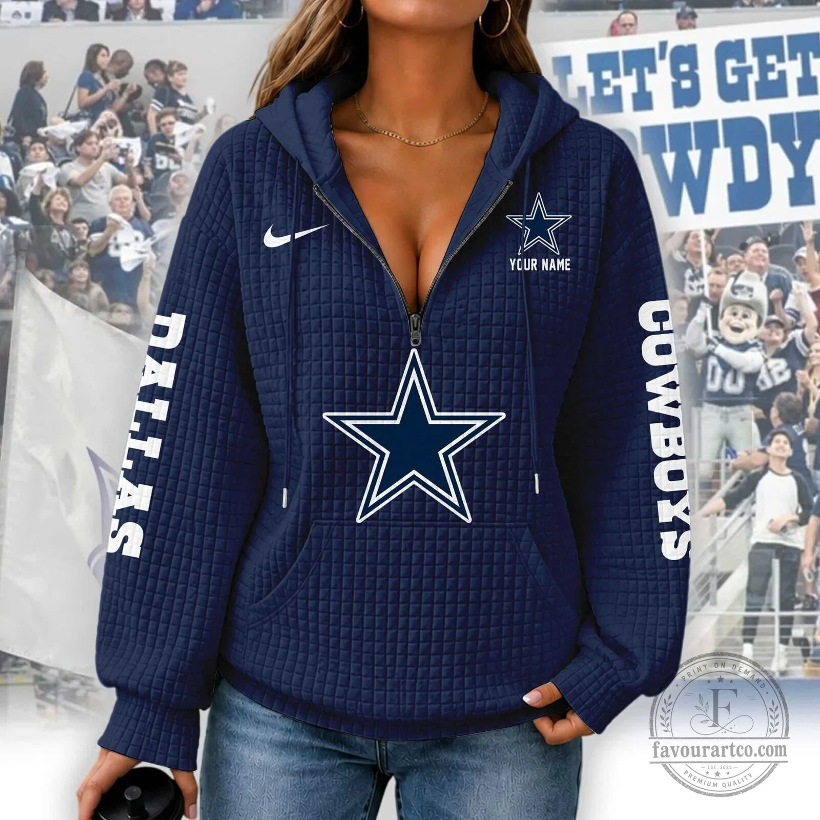 Dallas Cowboys Women's Waffle Knit Half-Zip Hoodie with Custom Name 13 Dallas Cowboys Women