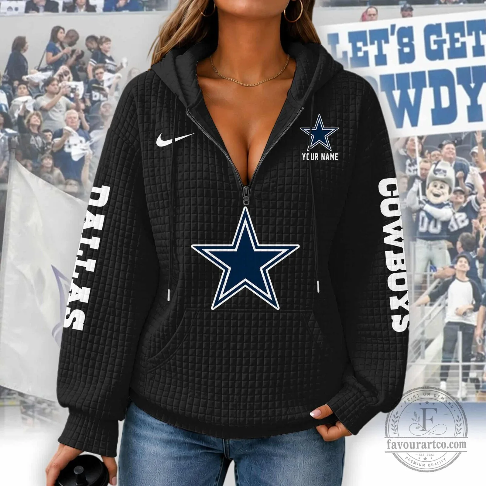 Dallas Cowboys Women's Waffle Knit Half-Zip Hoodie with Custom Name 14 Dallas Cowboys Women