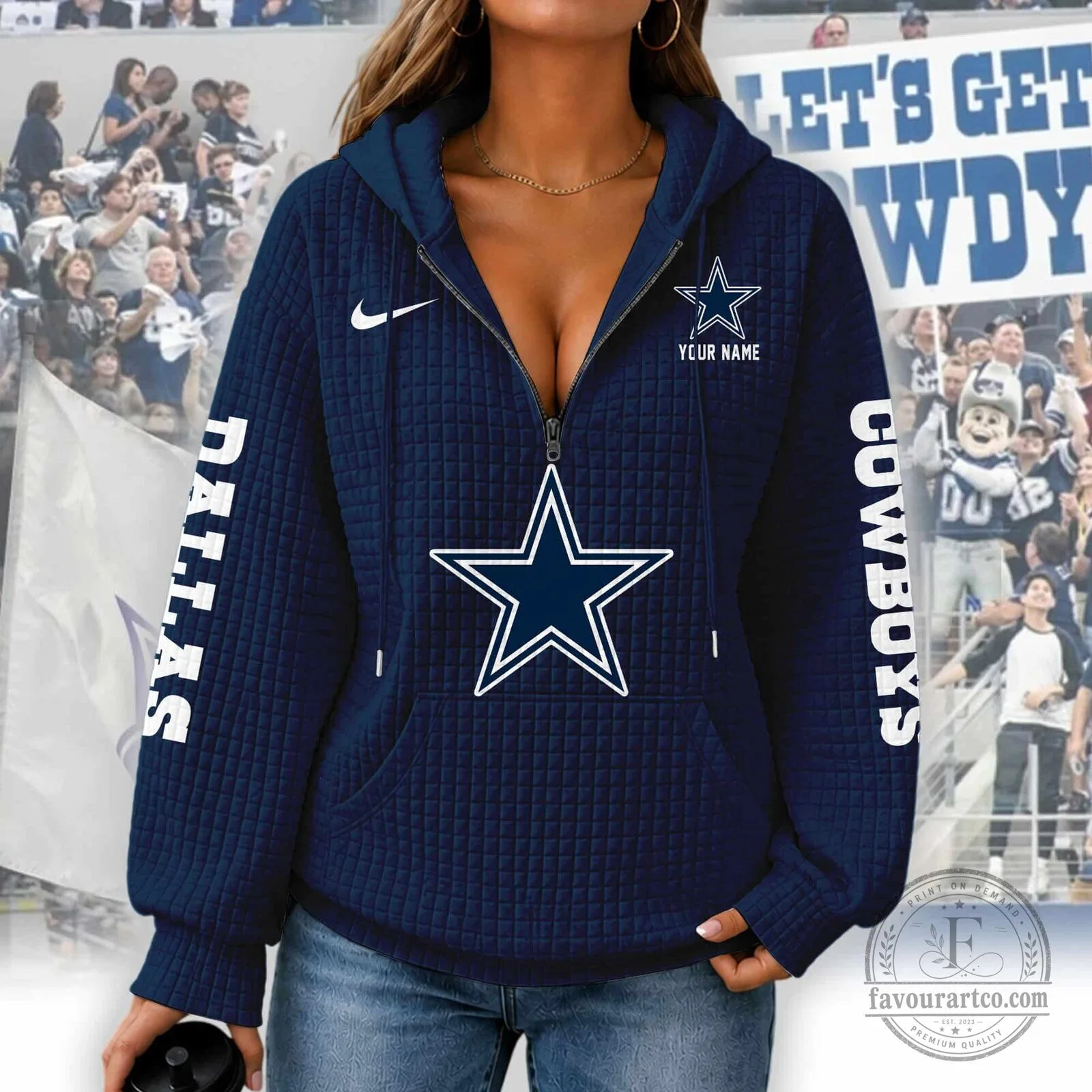 Dallas Cowboys Women's Waffle Knit Half-Zip Hoodie with Custom Name 15 Dallas Cowboys Women