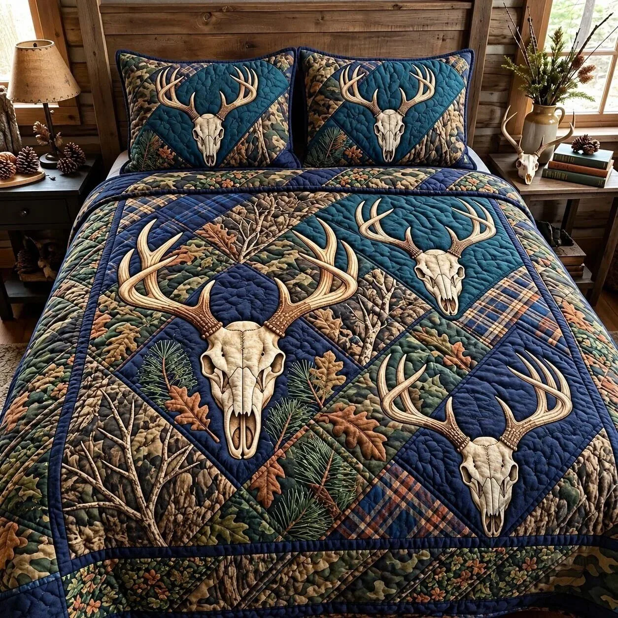 Deer Skull Antler Camouflage Quilted Bedding Set