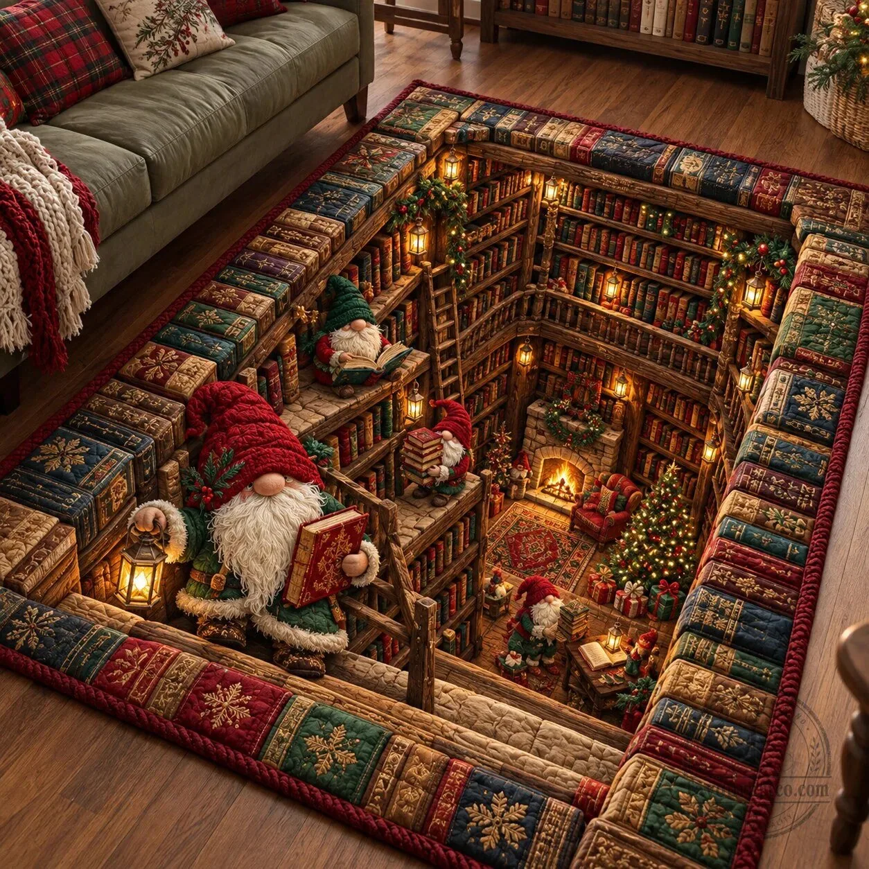 Christmas Gnome Book Nook Illusion Area Rug